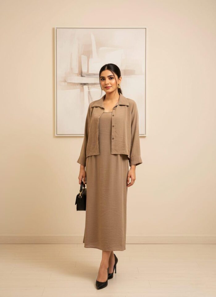 jacket-style-layered-dress-c1-p1 Jacket Style Layered Dress Pastel Brown - Image 1