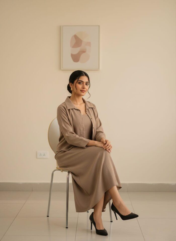 Jacket Style Layered Dress Pastel Brown - Image 2