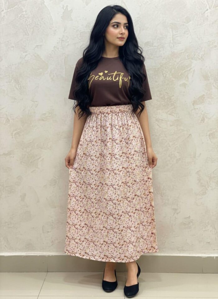 Max c Skirt in Floral Print with T-Shirt Coconut Brown - Image 1